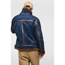 Men Blue Shearling Faux Leather Aviator Jacket