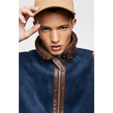 Men Blue Shearling Faux Leather Aviator Jacket