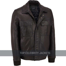 Men Bomber Leather Jacket Rib Knit Trim