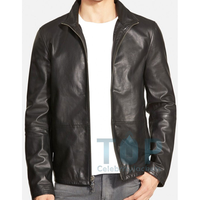 Zip Front Stylish Black Leather Jacket