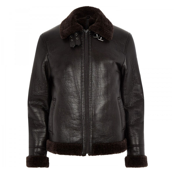 Men Brown Shearling Genuine Leather Aviator Jacket