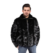 Man wearing a black fur jacket on a white background
