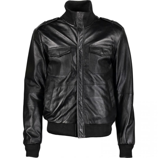 Long Neck Black Bomber Leather Jacket