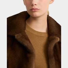 Brown coat with fur collar worn by a person, on a plain background
