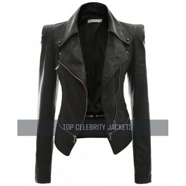 Women Power Shoulder Black Leather Jacket