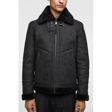 Men Black Shearling Genuine Leather Jacket