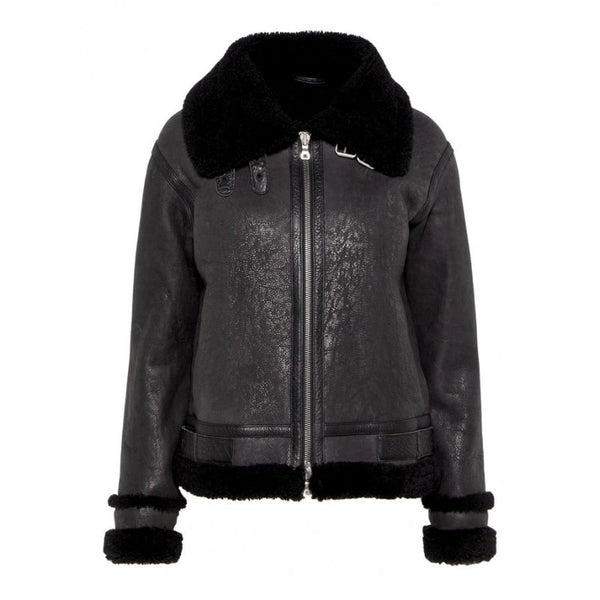 Women Black Distressed Shearling Jacket