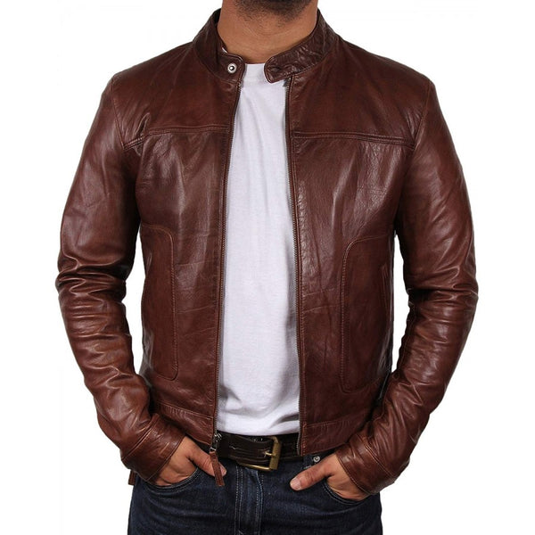 Brown Men Leather Bomber Jacket