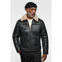 Black Leather Shearling Jacket With Contrasting Trim