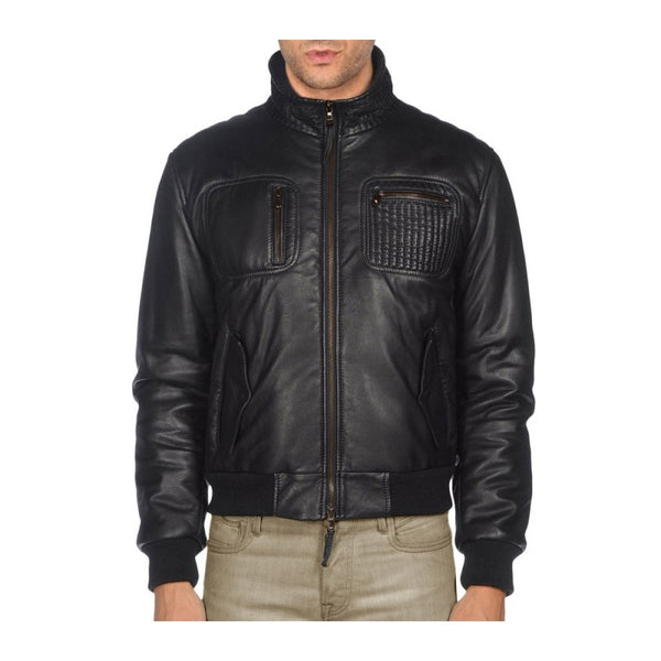 Texture Pocket Black Leather Jacket