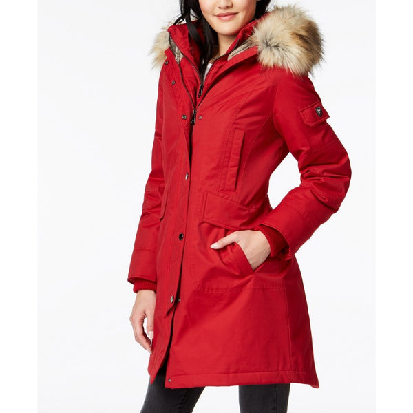 Red Faux-Fur-Trim Hooded Parka Coat