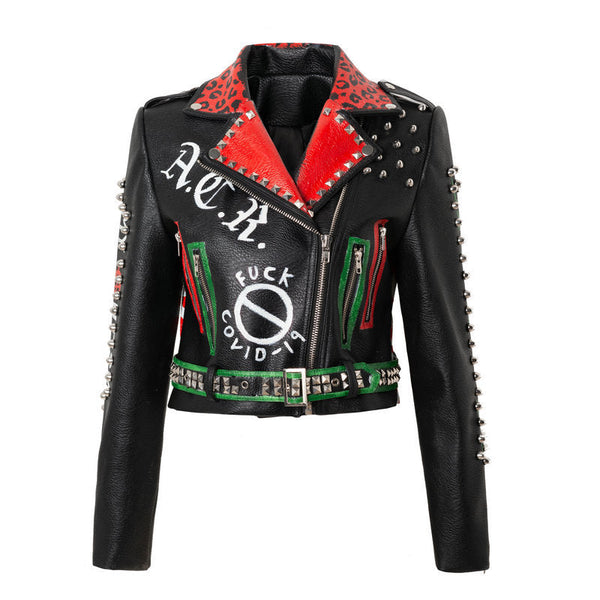 Slim Fit Tide Brand Motorcycle Leather Jacket Women Print Rivet Punk Style