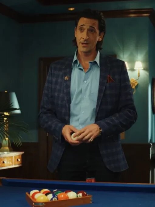 Poker Face 2023 Adrien Brody Blue Plaid Blazer