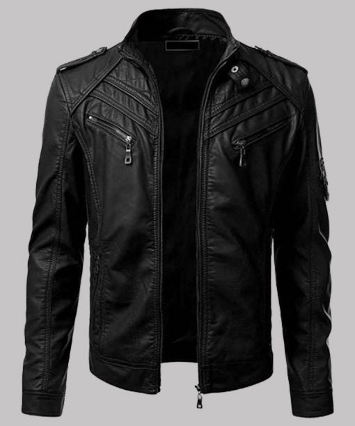 Men?s Black Biker Slim Fit Leather Jacket