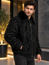 Black Fur Bomber Jacket with Mink Fur Collar