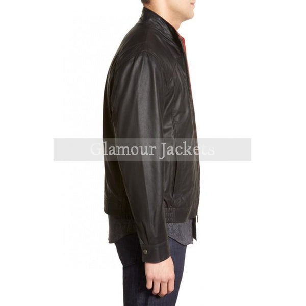 Contrast Trim Lambskin Leather Bomber Jacket