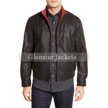 Contrast Trim Lambskin Leather Bomber Jacket