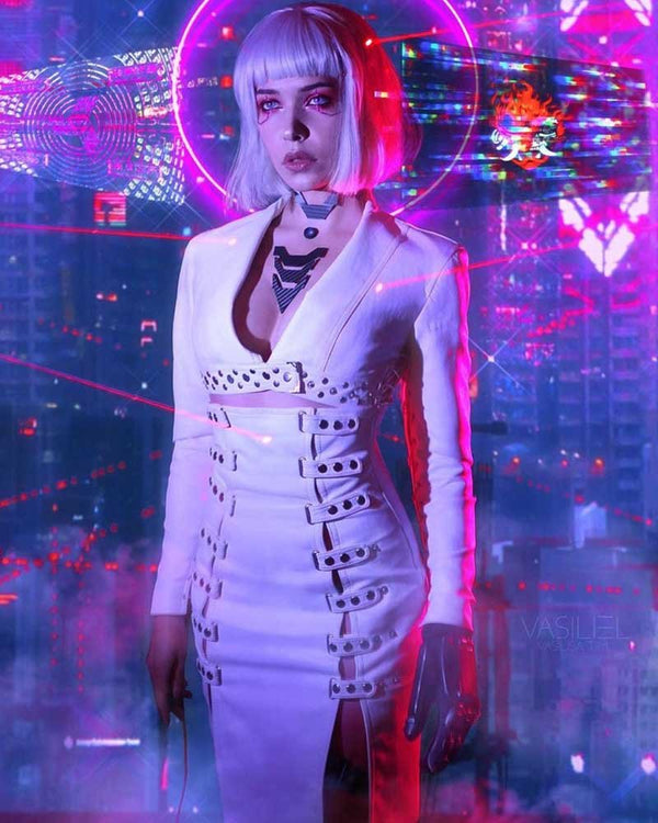 Neon Girl Cyber Punk 2077 White Leather Coat