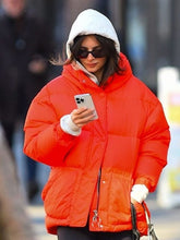 Emily Ratajkowski Red Puffer Hooded Jacket