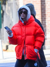 Emily Ratajkowski Red Puffer Hooded Jacket