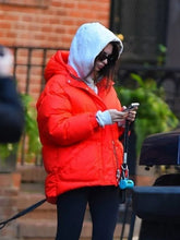 Emily Ratajkowski Red Puffer Hooded Jacket