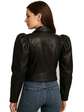 Gigot Sleeve Crop Moto Black Leather Jacket