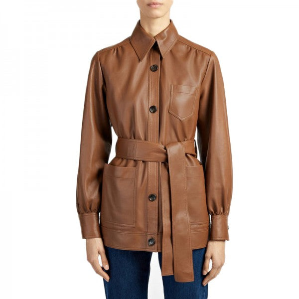 Women Short Brown Leather Coat