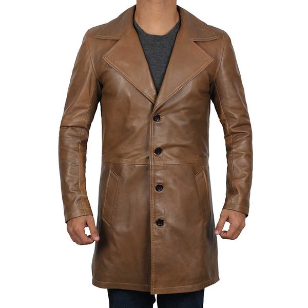 Jackson Wide Lapel Waxed Brown Leather Coat