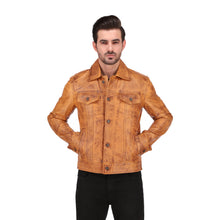 Mens Camel Brown Real Lambskin Leather Trucker Jacket