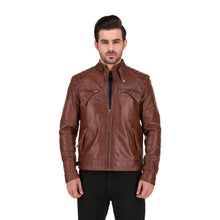 Men's Cognac Brown Quilted Cafe Racer Leather Jacket