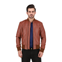 Men's Tan Brown Cafe Racer Lambskin Leather Bomber Jacket