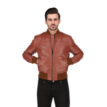 Men's Tan Brown Cafe Racer Lambskin Leather Bomber Jacket