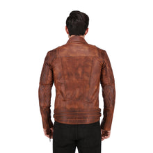 Mens Distressed Tan Brown Quilted Asymmetrical Leather Biker Jacket