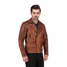 Mens Distressed Tan Brown Quilted Asymmetrical Leather Biker Jacket