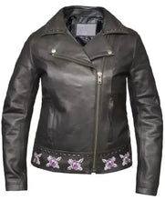 Stylish black biker jacket with purple roses for women
