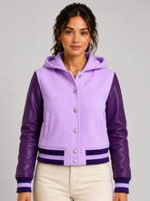 Lavender Plum Leather Hooded Womens Varsity Jacket