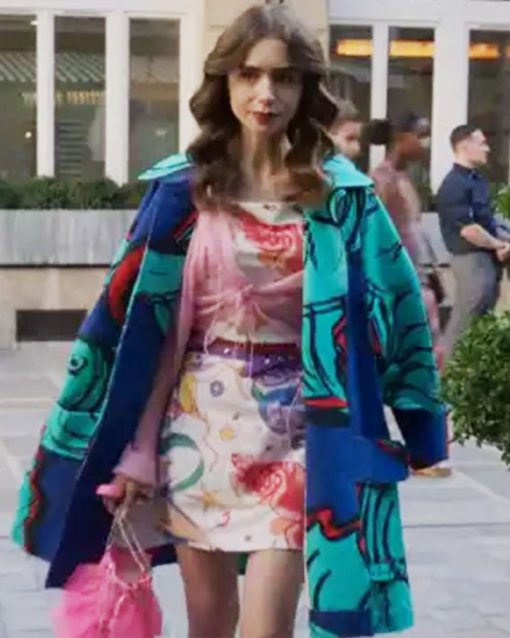 Emily In Paris S02 Lily Collins Blue Printed Coat
