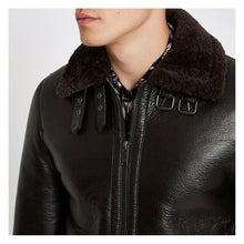 Men Brown Shearling Genuine Leather Aviator Jacket