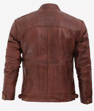 Men's Cafe Racer Cognac Leather Jacket - Quilted Shoulder