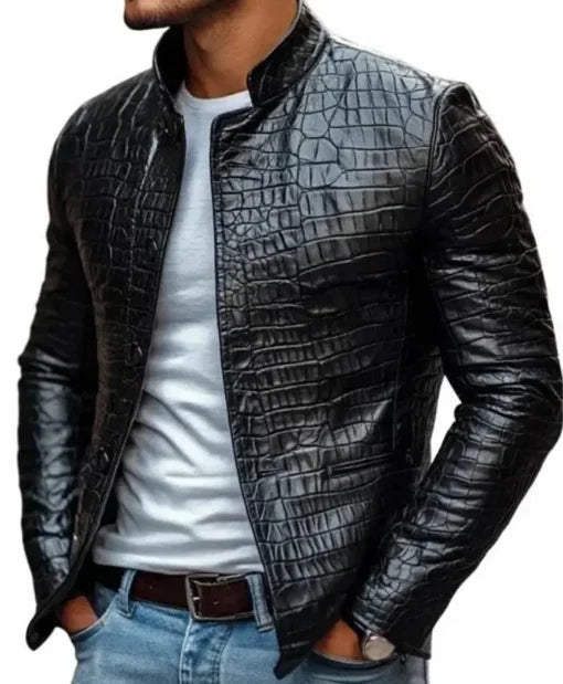 Premium black crocodile pattern biker leather jacket