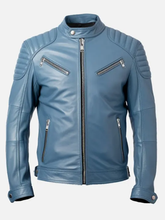 Mens Blue Cafe Racer Leather Jacket