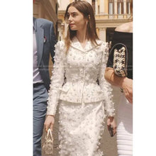 Emily In Paris S4 Lily Collins white applique blazer and skirt suit