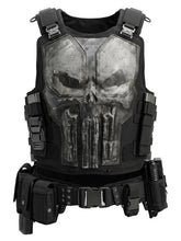 Black Punisher skull tactical vest with gray chest plate, shoulder buckles and utility belt
