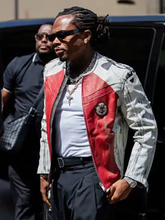 Shop Gunna Paris Fashion Week 2026 Under Armour Vintage Moto Red and White Jacket