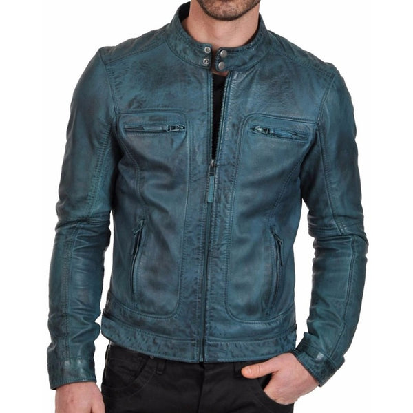 Sky Blue Men Fashion Leather Jacket