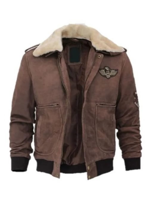 Top Gun Suede Brown Bomber Jacket With Patches