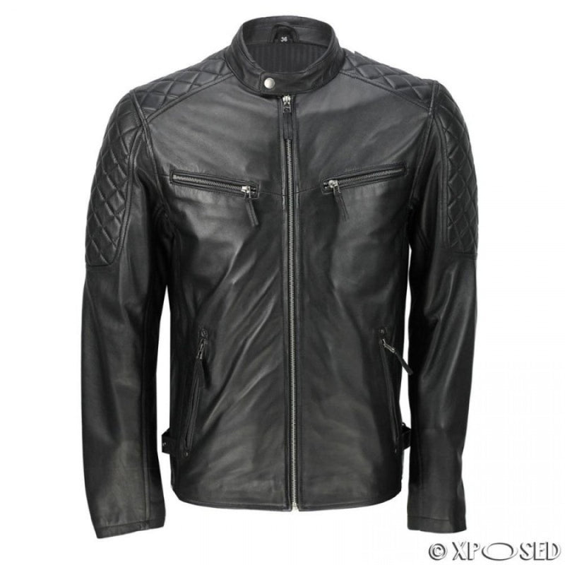 Collar Button Black Leather Jacket