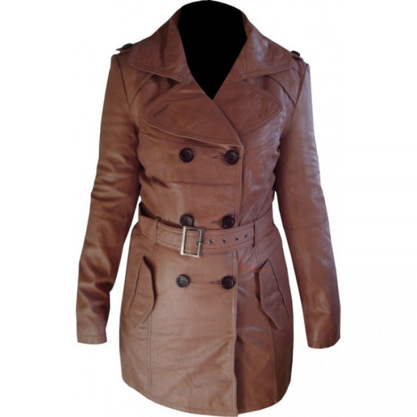 Brown Belted Women Leather Long Coat