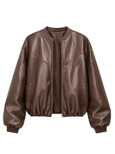 Womens Oversized Brown Faux Leather Bomber Jacket