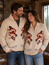 Wool Zip Cardigan Sweater Fox Hand Knit Design